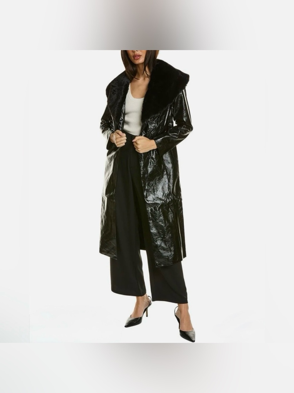 AREA STARS Stella Faux Fur & Vinyl Trench Black Coat